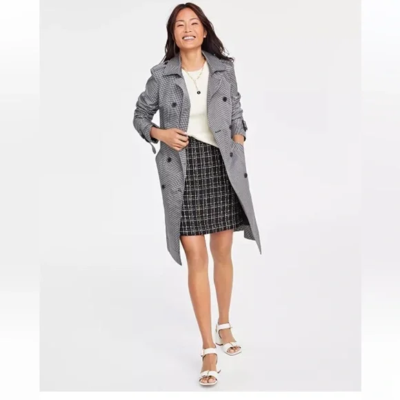 Macys On 34th Black & White Checkered Print Double Breasted Trench Coat - Picture 2 of 10